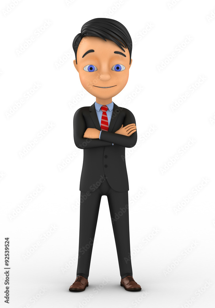 3d little human character The Boss standing with arms crossed