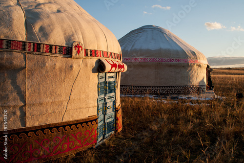 Canvastavla Kazakh yourt in evening steppe.