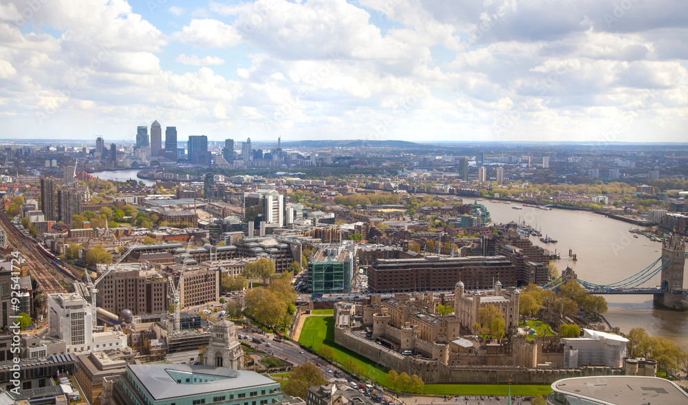 LONDON, UK - SEPTEMBER 17, 2015:  City of London aerial view, river Thames. London panorama form 32 floor of Walkie-Talkie building