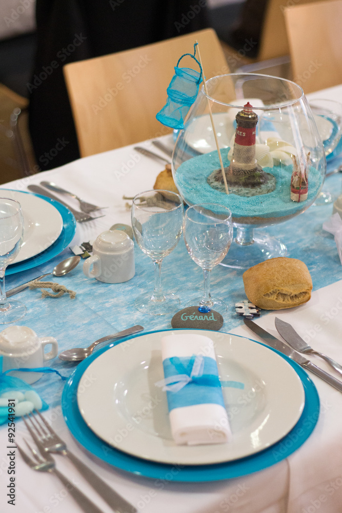 Déco de table mariage, bleu, turquoise