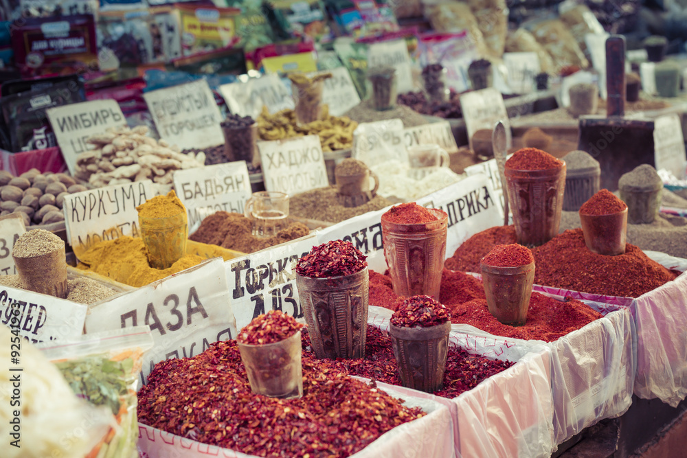 Fototapeta premium Beautiful vivid oriental market with bags full of various spices