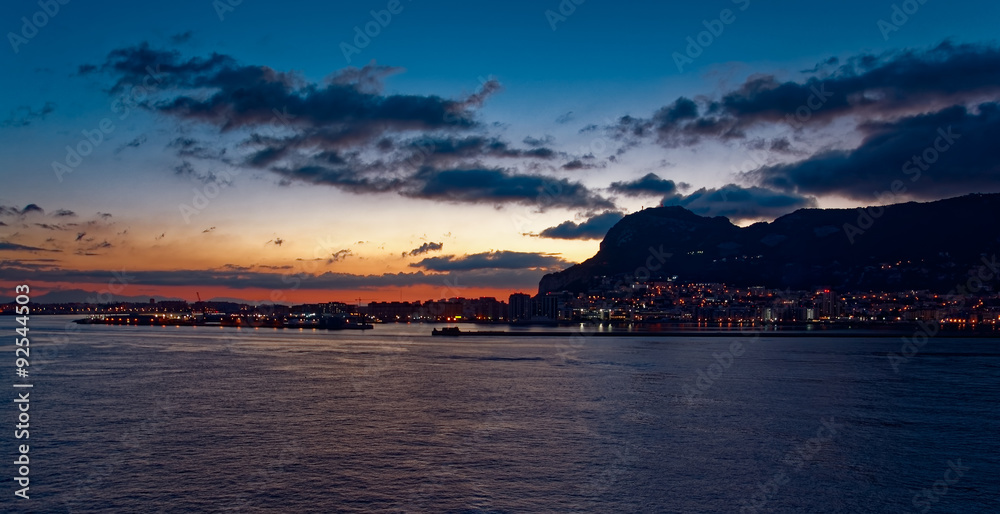 Gibraltar at sunrise from the bay