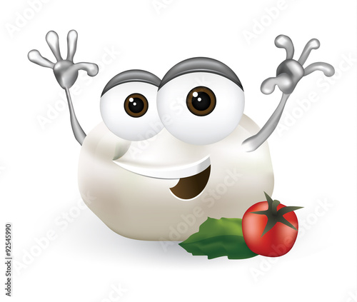 Happy mozzarella cartoon character, smiling and waving hands.
