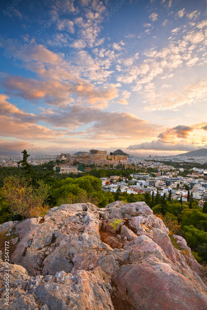 Morning view of Acropolis from Filopappou hill in centre of Athens.