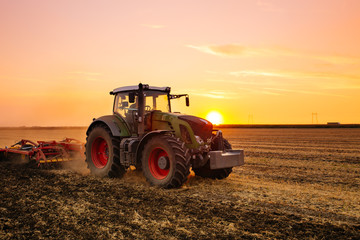 Acrylglasbilder Themen Traktor im Gerstenfeld bei Sonnenuntergang  © Dusko