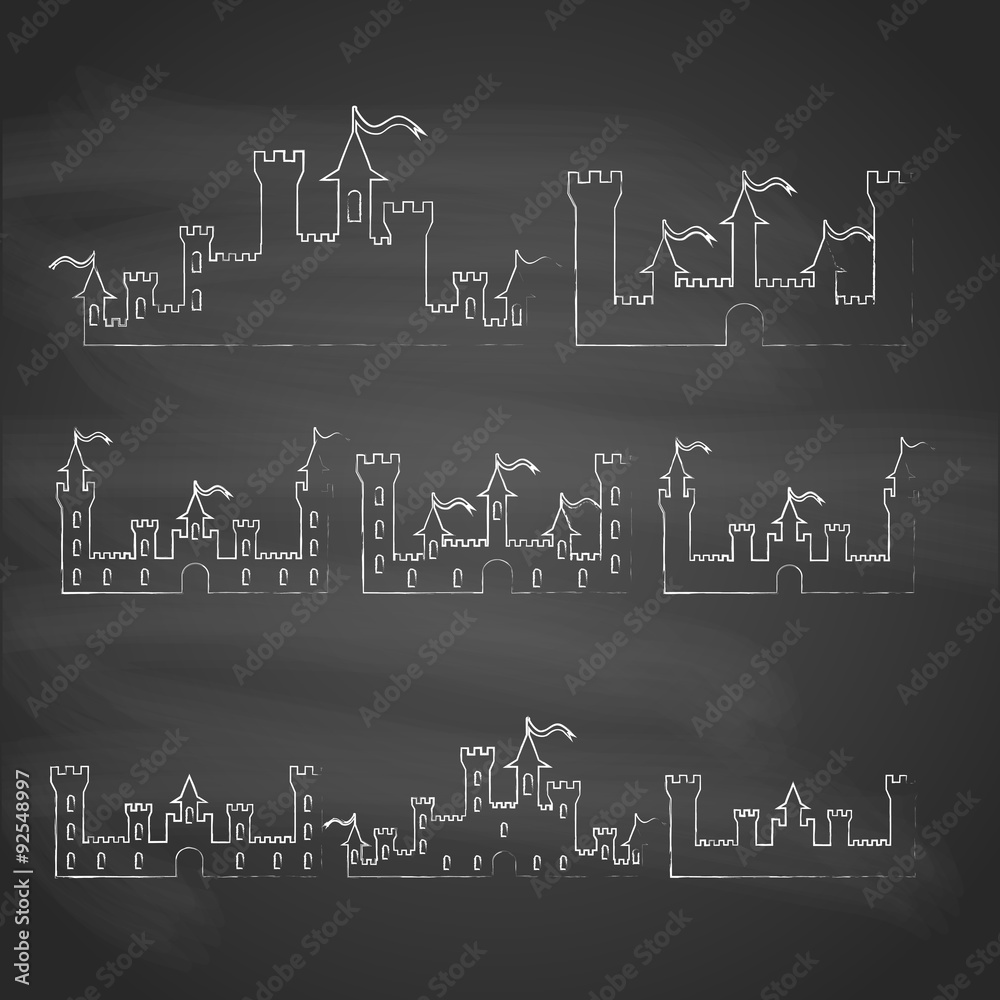 Set of Fantasy castles chalk silhouettes for design. Isolated on grey  background. Vector