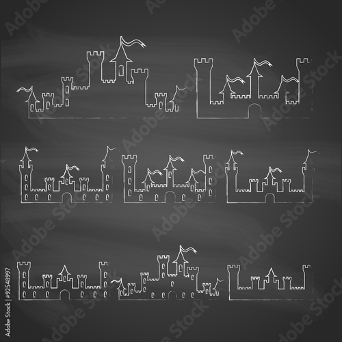 Set of Fantasy castles chalk silhouettes for design. Isolated on grey background. Vector