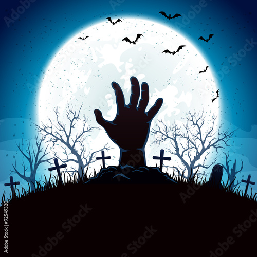 Blue Halloween background with hand and moon