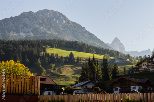 Village with beautiful houses, flowers, small details, animals in springtime, Austria, Filzmoos