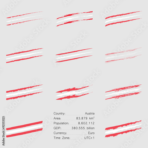 Austria flag colored hand drawn lines set with different looks like brush, chalk, ink, paint and main informations about the european country. 
