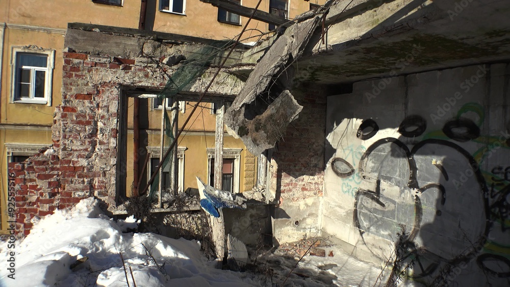 Ruins and debris of the old brick house. 4K. Ruins and debris of the old brick house. 4K.