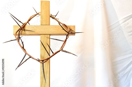 Wooden cross with a crown of thorns lent Easter resurrection pas