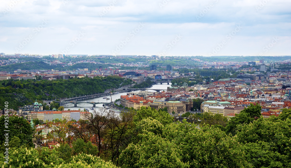 Panorama of Prague old town with the bridges over the river Vltava, Czech Republic