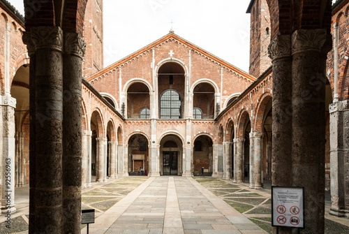 The entrance of the "Basilica di Sant'Ambrogio" with a portico (Milan, Italy)