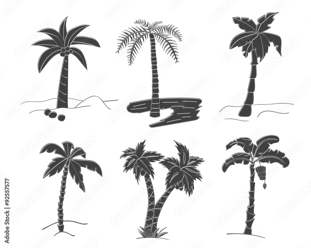 Silhouettes of hand drawn palms trees.