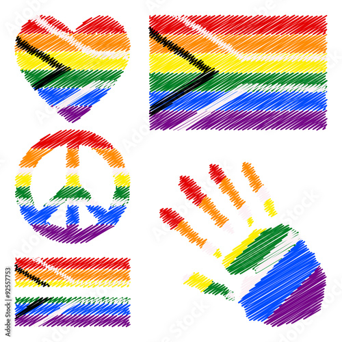 Gay pride of South Africa pride flag, heart, pacific sign, equality symbol and hand print for you design. Collection of gay culture symbols.