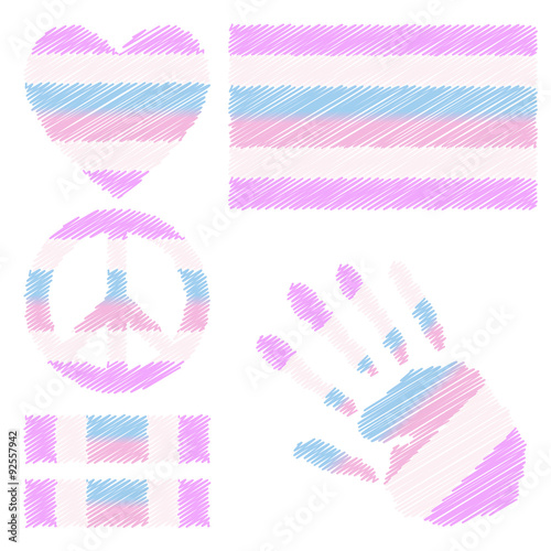 Genderfluidpride flag, heart, pacific sign, equality symbol and hand print for you design. Collection of gay culture symbols. 