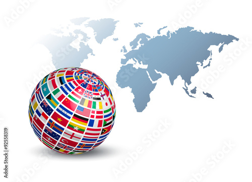 Globe made out of flags on a world map background. Vector.