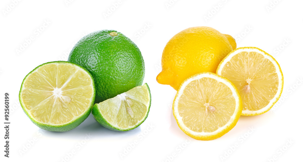 Fresh lime and lemon isolated on white background.