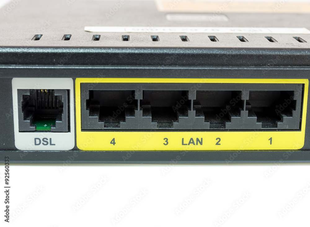 Close up network switch mount port for connect network and DSL Close up network switch mount port for connect network and DSL