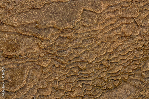 Macro of the tiered textures in the upper terrace at Mammoth in Yellowstone National Park. © Kerry Snelson