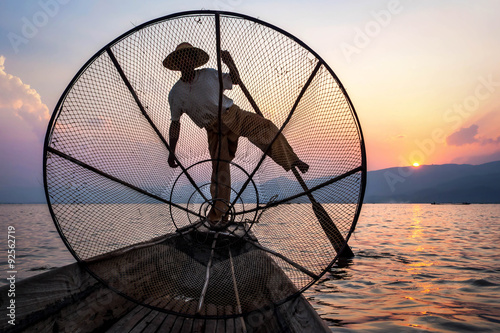 Fisherman in Inle Lake at Sunset  Shan State  Myanmar.