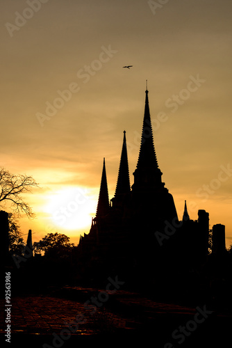 Silhouetted of Wat Phra Sri Sanphet at sunset in Ayutthaya historic park  Thailand.