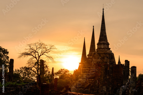 Wat Phra Sri Sanphet at sunset in Ayutthaya historic park  Thailand.