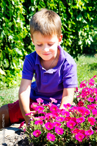 Cute boy smelling petunia flower
