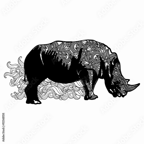 Hand drawn horned rhino for adult anti stress Coloring Page with high details isolated on white background  illustration in zentangle style. Vector monochrome sketch.