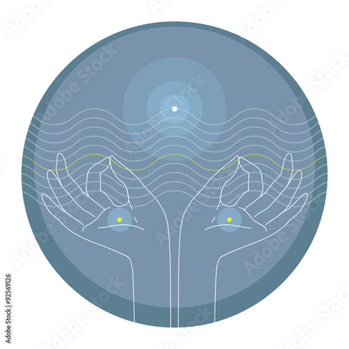 jnana mudra, knowledge mudra, a sign with two hands in the blue circle on a white background, yoga