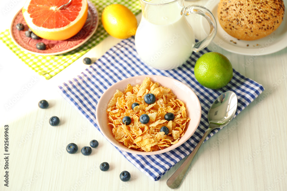 Healthy breakfast with fruits and berries on table close up Healthy breakfast with fruits and berries on table close up