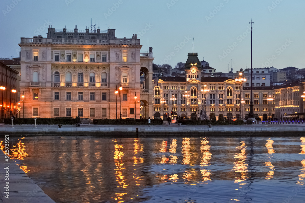 Buildings on the waterfront of Trieste after the sunset