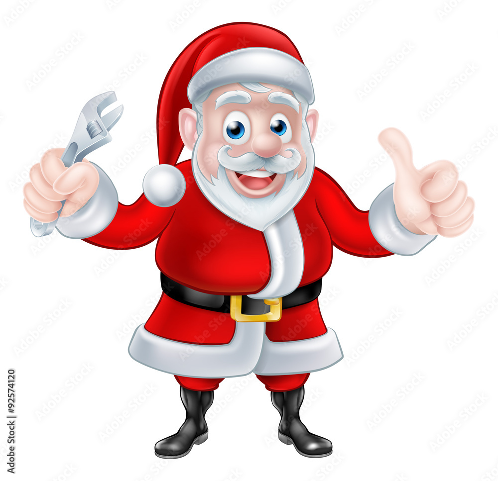 Cartoon Santa Thumbs Up and Holding Wrench Spanner Cartoon Santa Thumbs Up and Holding Wrench Spanner