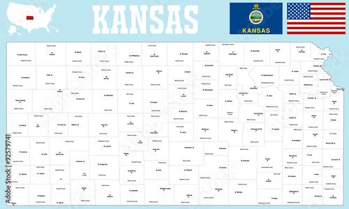 A large and detailed map of the State of Kansas withh all counties and county seats. photo