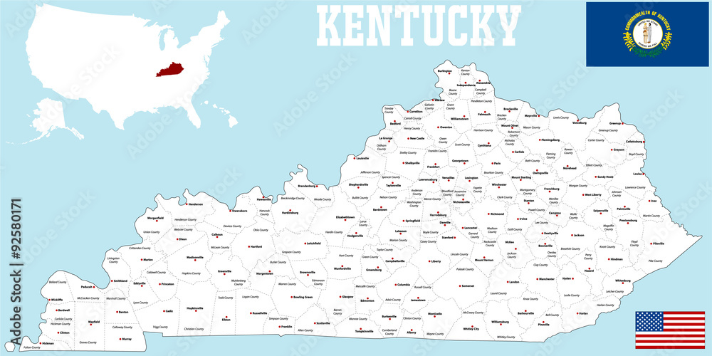 A large and detailed map of the State of Kentucky with all counties and county seats. Stock