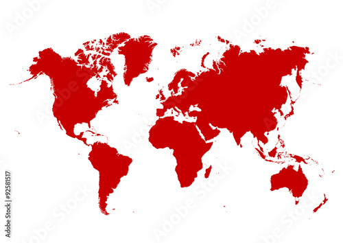 Map of The World with Red Continents and White Background -  Rote Weltkarte. Isoliert  Freigestellt  Atlas  Welt  Erde  Planet.