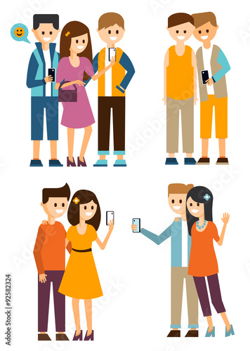 Groups of Young People Make Selfies and Communicate in Social