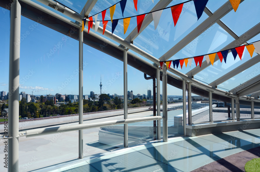 Naklejka premium Auckland city skyline as view trough a big window glass