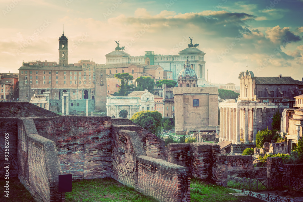 Rome, Italy vintage skyline. Roman Forum and Altare della Patria