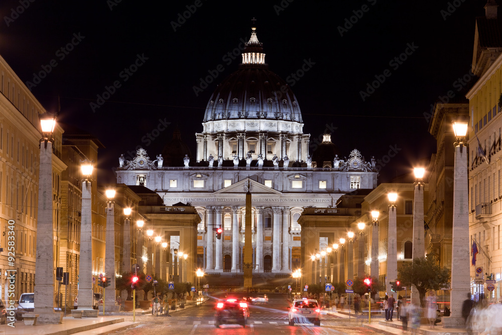 Vatican City. St. Peter's Basilica at night.