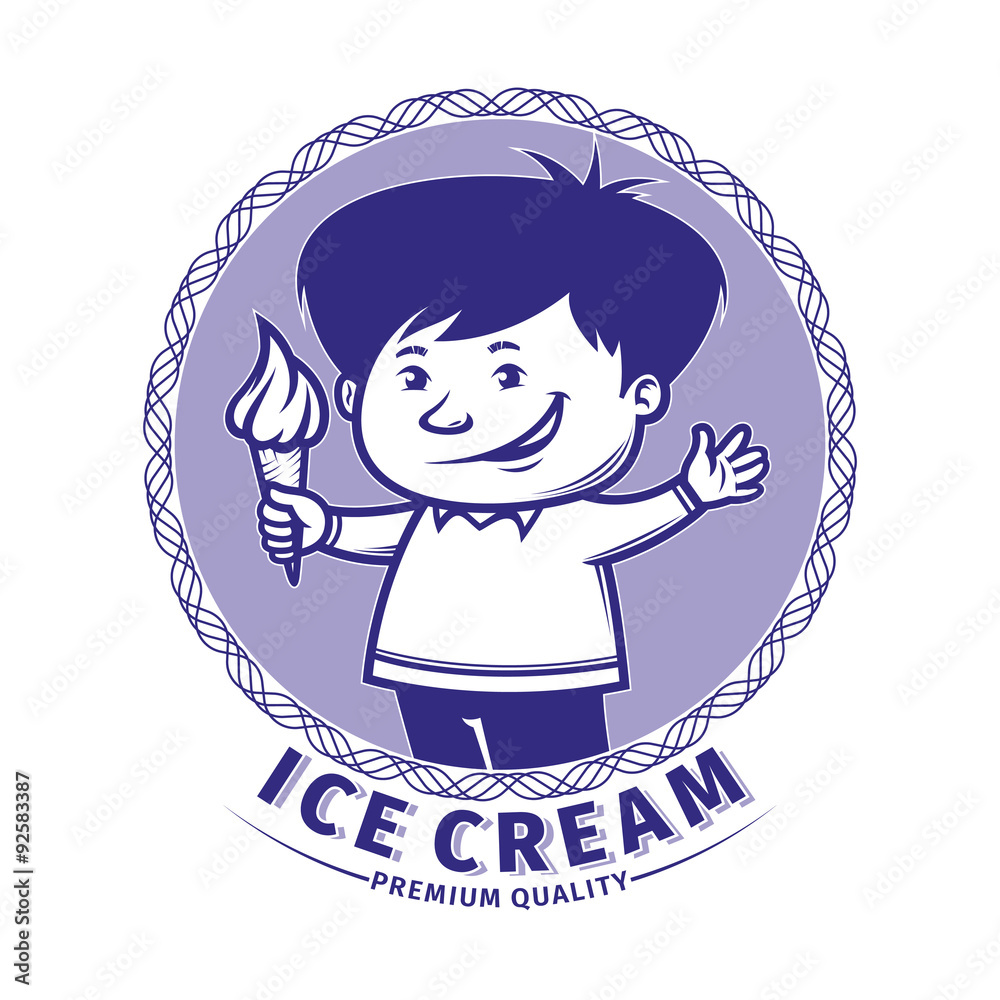Happy boy holding ice cream cone. Vector Label Happy boy holding ice cream cone. Vector Label
