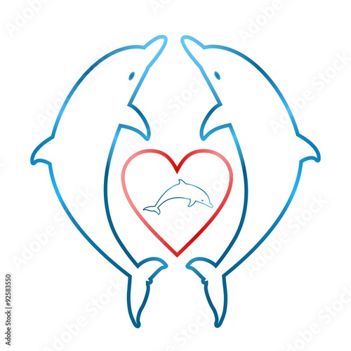 Two blue dolphins facing each other with a red heart with a small blue dolphin inside a heart on a white background