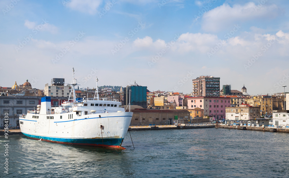 Port of Naples, coastal view with white ferry Port of Naples, coastal view with white ferry