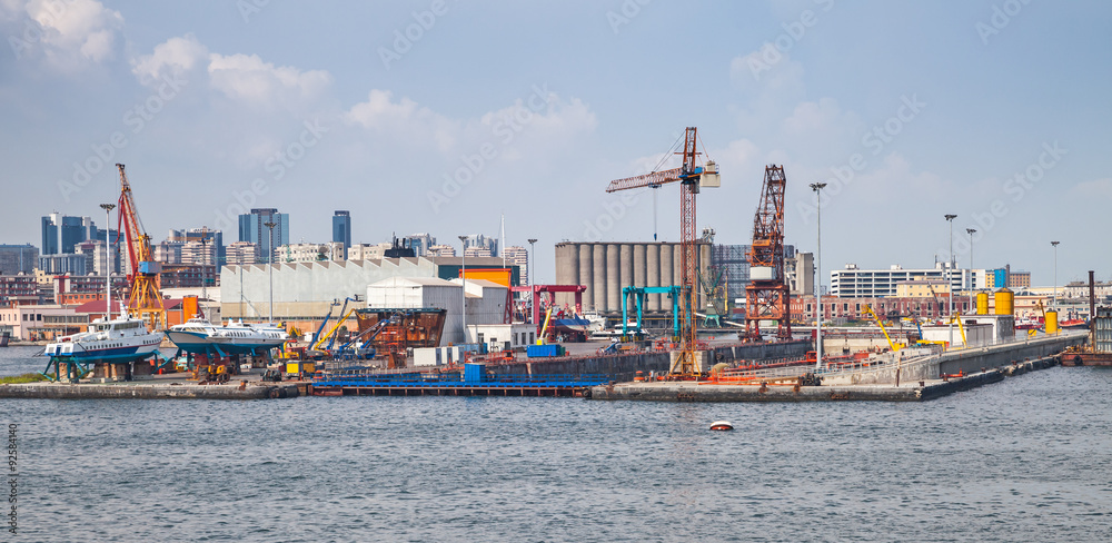 Port of Naples, coastal cityscape with shipyard