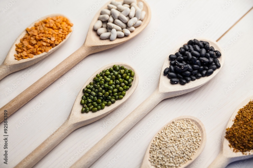 Wooden spoons of pulses and seeds Wooden spoons of pulses and seeds