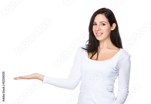 Woman with hand showing blank sign