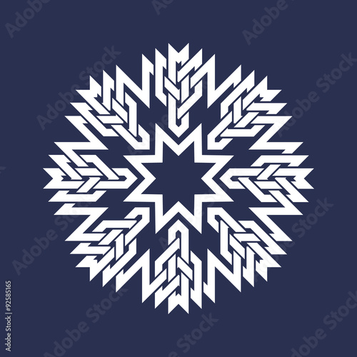 Eight pointed circular pattern in Oriental intersecting lines style. Mandala in snowflakes form on dark background.