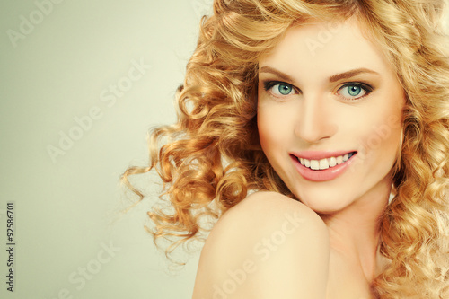 Blond Woman Fashion Model. Blond Curly Hair. Girl Smiling. Girl