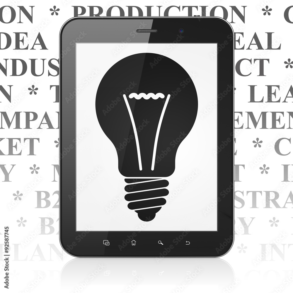 Finance concept: Tablet Computer with Light Bulb on display